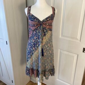 Earthbound Bohemian Floral Midi Dress in Blue and Pink Sz S